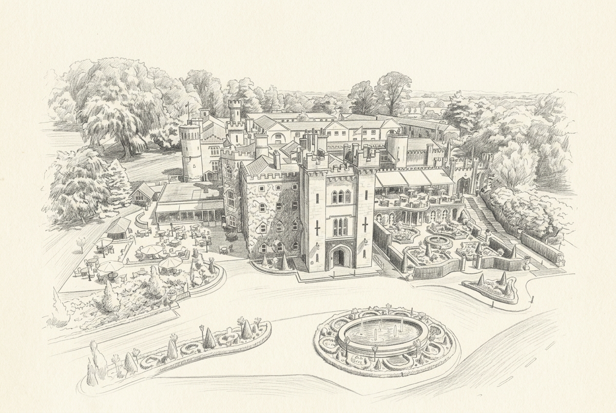 Pencil drawing of Cabra Castle seen from above, with its gardens, fountain and sweeping driveway