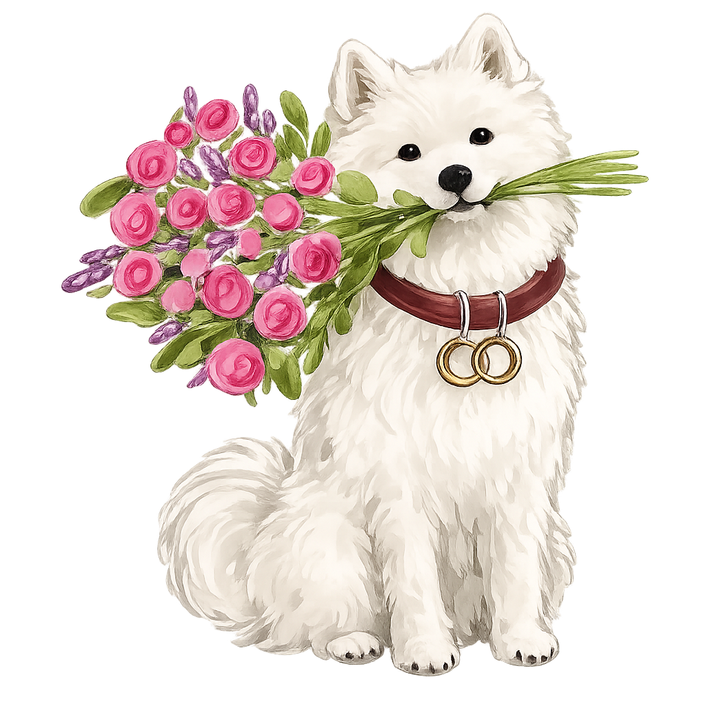 Watercolour illustration of a white Samoyed dog holding a bouquet of pink roses, with wedding rings on its collar