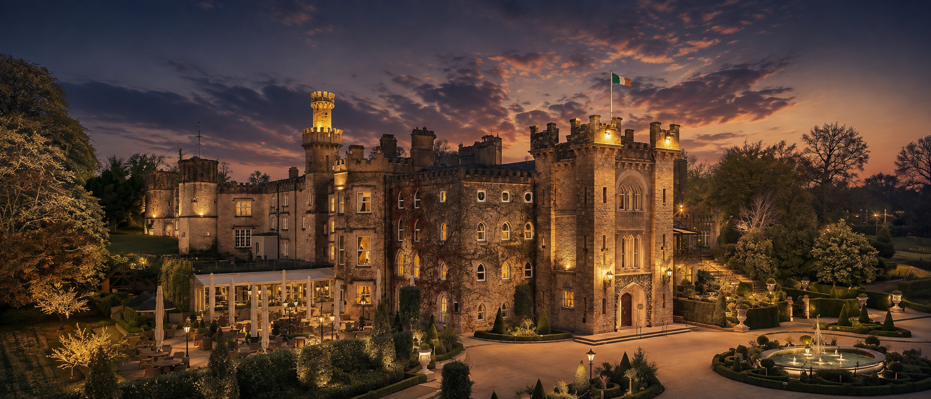 Cabra Castle floodlit at dusk, its towers and gardens glowing against an evening sky